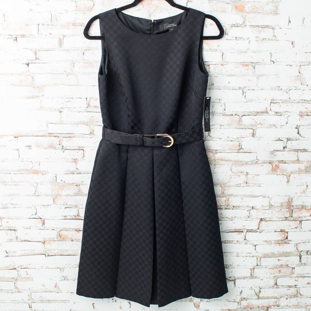 Tahari Arthur S Levine Dress 4 Black Belted Fit Flare Jinny Career NEW